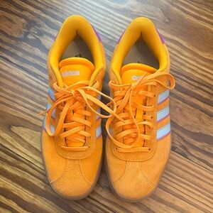 Adidas Bright Orange Sneakers with Blue Stripes